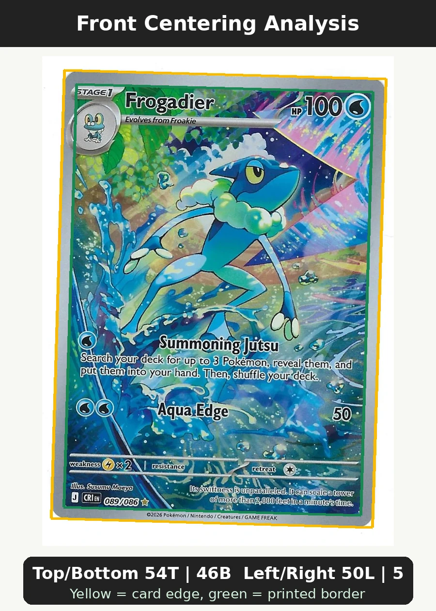 Frogadier 089/86 Chaos Rising front centering analysis showing Top/Bottom 54T | 46B and Left/Right 50L | 50R.