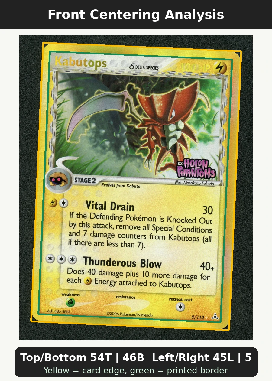 Kabutops δ 009/110 (Reverse Holo) Holon Phantoms front centering analysis showing Top/Bottom 54T | 46B and Left/Right 45L | 55R.