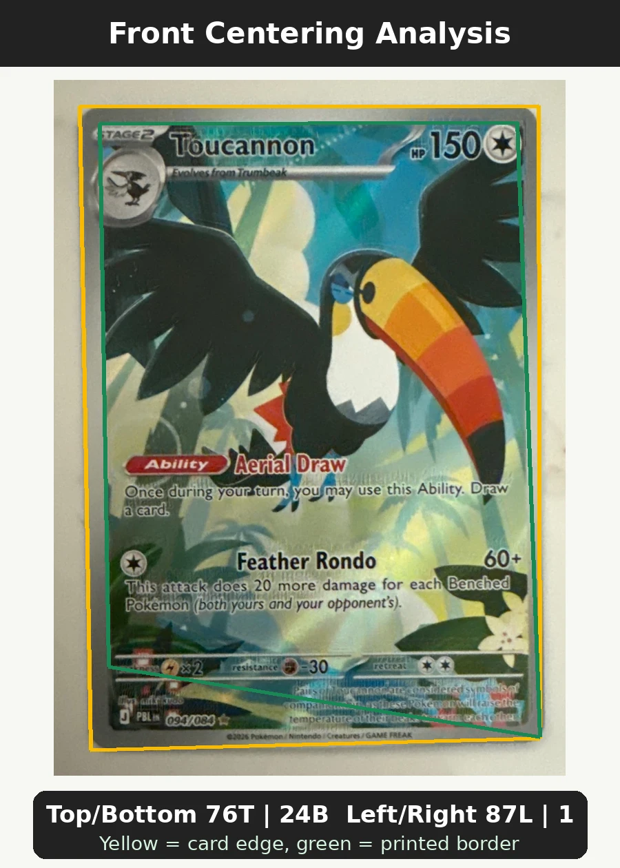 Toucannon 094/84 Pitch Black front centering analysis showing Top/Bottom 76T | 24B and Left/Right 87L | 13R.