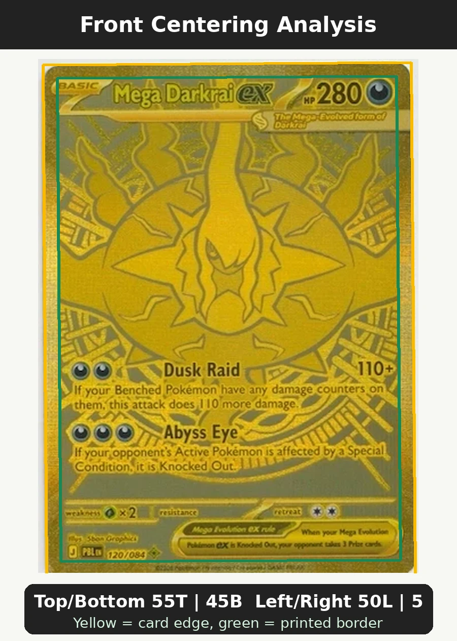 Mega Darkrai ex 120/84 Pitch Black front centering analysis showing Top/Bottom 55T | 45B and Left/Right 50L | 50R.