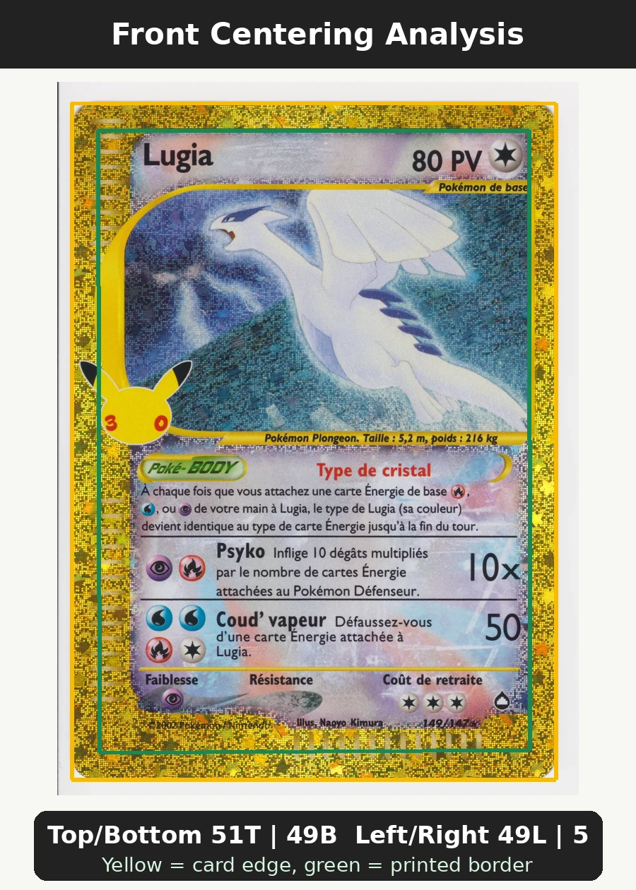 Lugia 149 30th Classic Collection front centering analysis showing Top/Bottom 51T | 49B and Left/Right 49L | 51R.