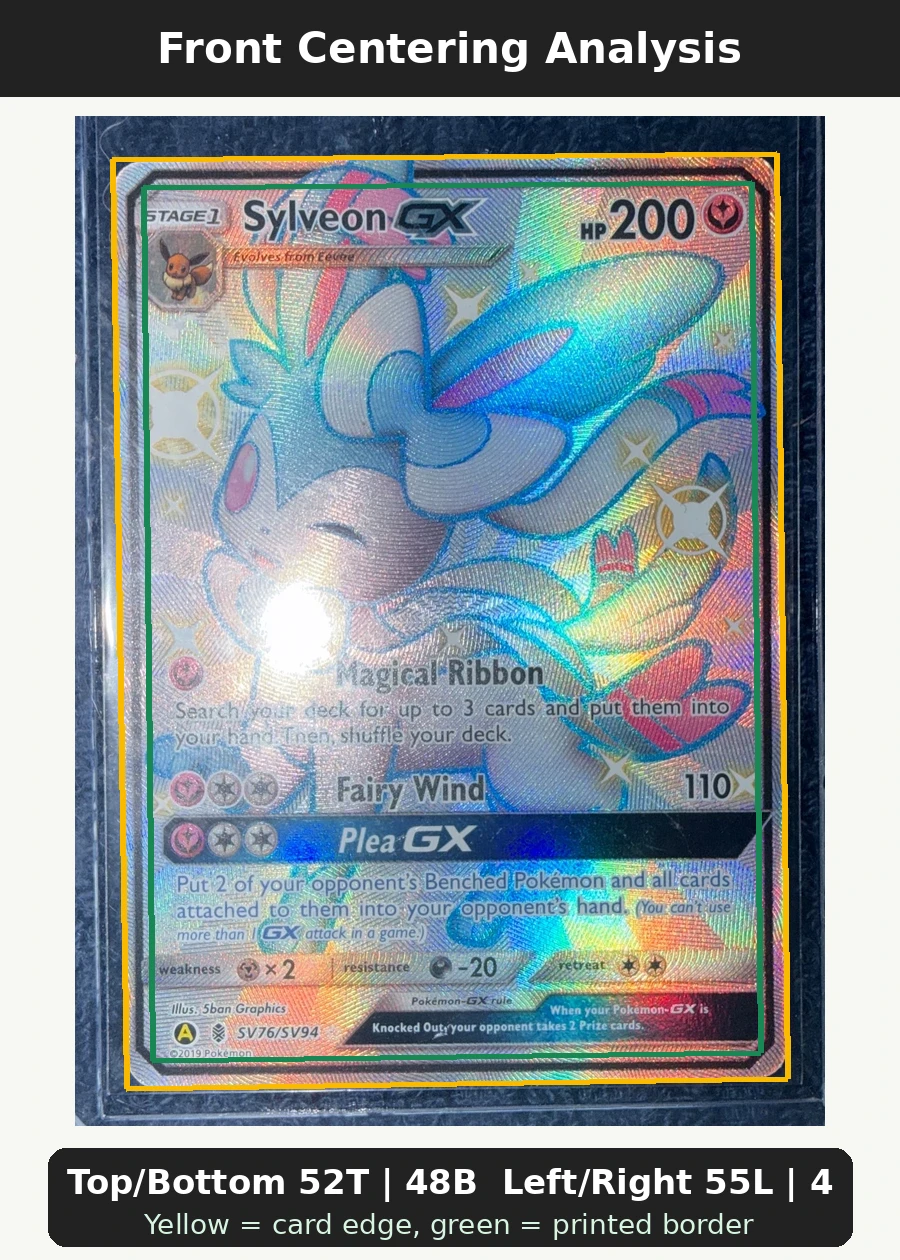 Sylveon-GX SV76/94 Hidden Fates Shiny Vault front centering analysis showing Top/Bottom 52T | 48B and Left/Right 55L | 45R.