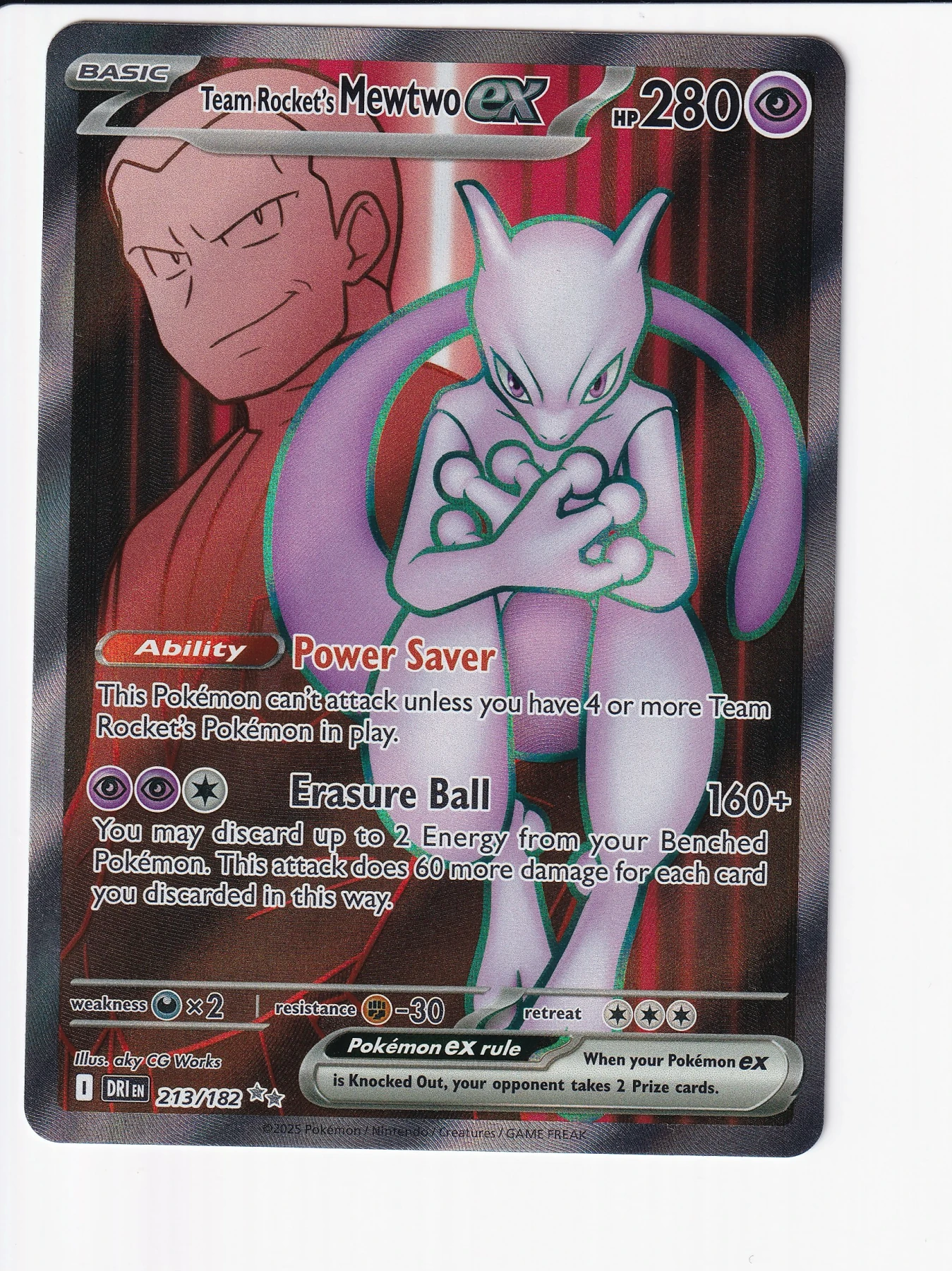 Team Rocket's Mewtwo ex 213/182 Destined Rivals front card photo in GradeValue pregrading report