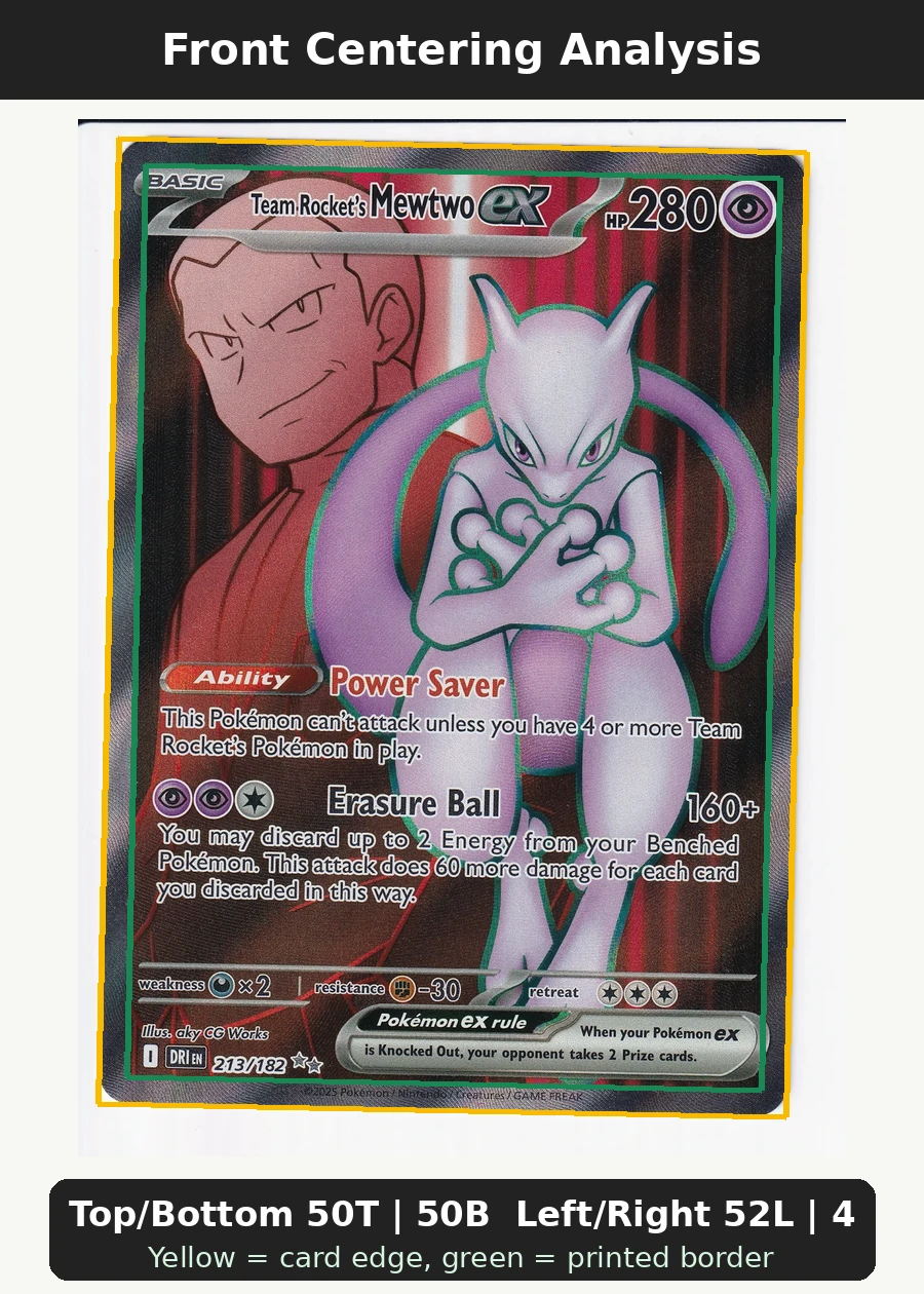 Team Rocket's Mewtwo ex 213/182 Destined Rivals front centering analysis showing Top/Bottom 50T | 50B and Left/Right 52L | 48R.