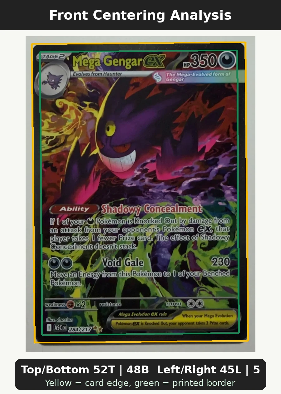 Mega Gengar ex 284/217 Ascended Heroes front centering analysis showing Top/Bottom 52T | 48B and Left/Right 45L | 55R.