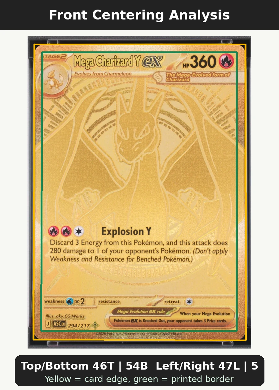 Mega Charizard Y ex 294/217 Ascended Heroes front centering analysis showing Top/Bottom 46T | 54B and Left/Right 47L | 53R.