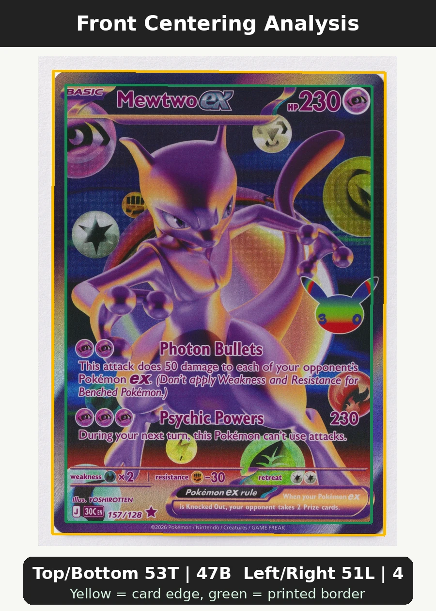 Mewtwo ex 157/128 30th Celebration front centering analysis showing Top/Bottom 53T | 47B and Left/Right 51L | 49R.