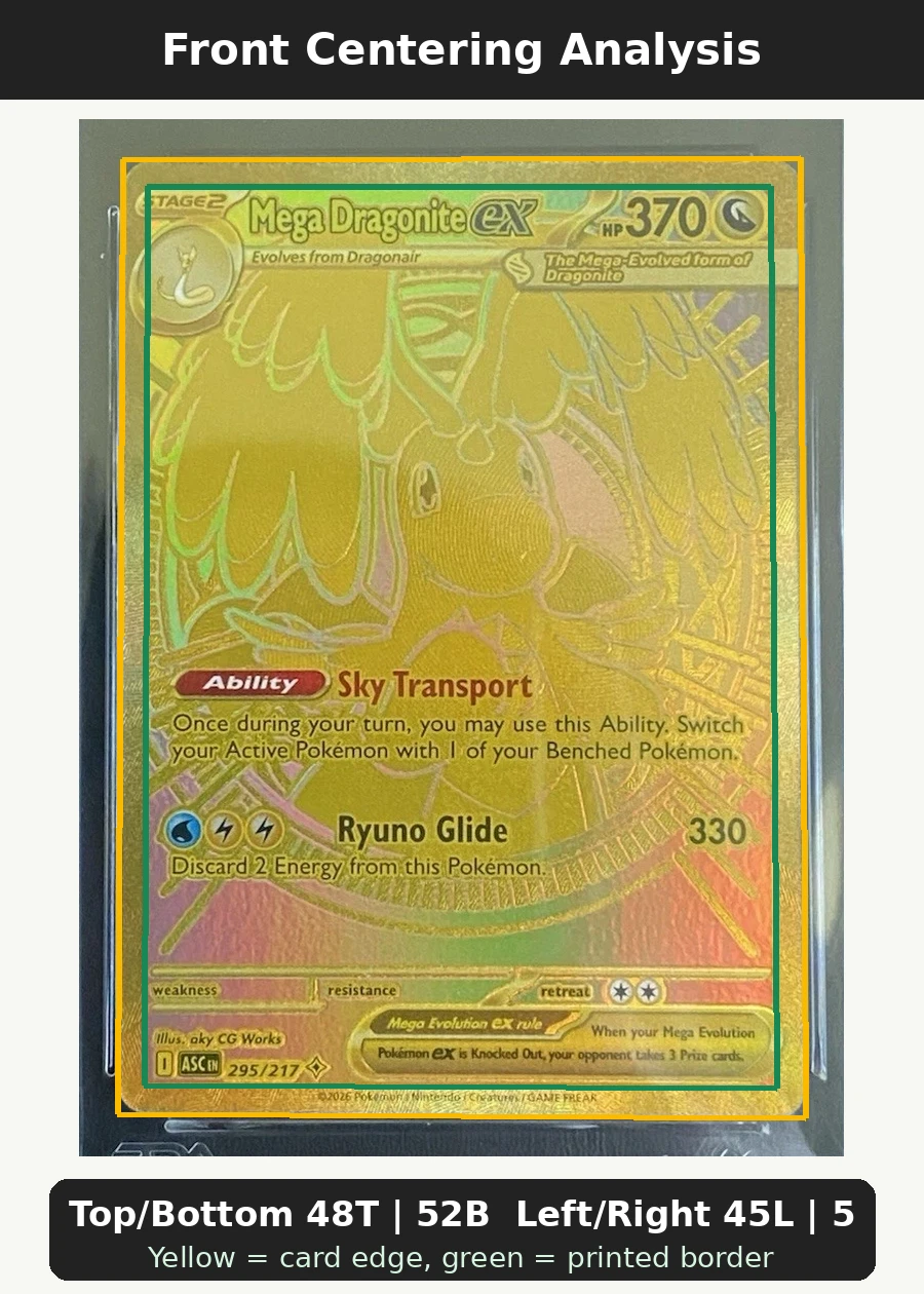Mega Dragonite ex 295/217 Ascended Heroes front centering analysis showing Top/Bottom 48T | 52B and Left/Right 45L | 55R.