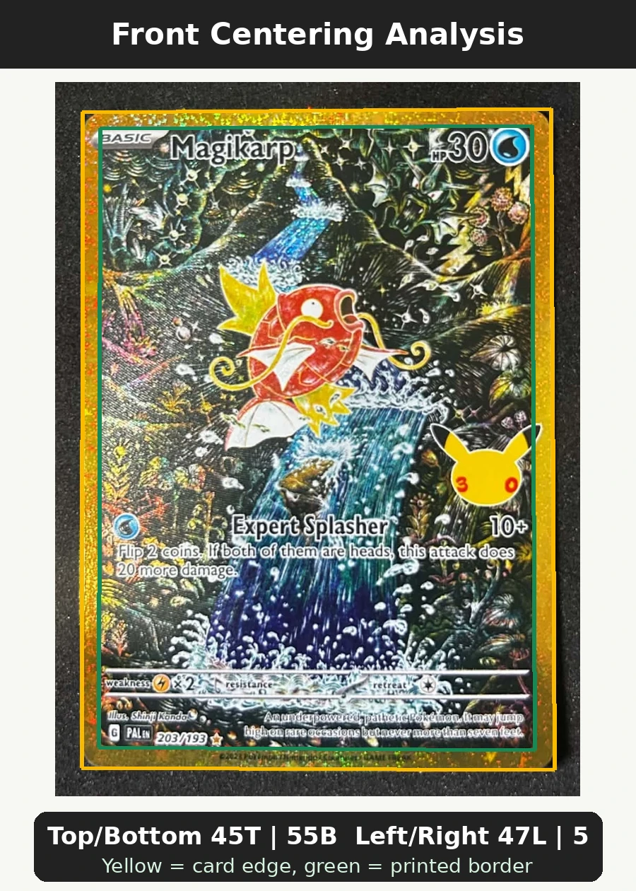 Magikarp 203 30th Classic Collection front centering analysis showing Top/Bottom 45T | 55B and Left/Right 47L | 53R.