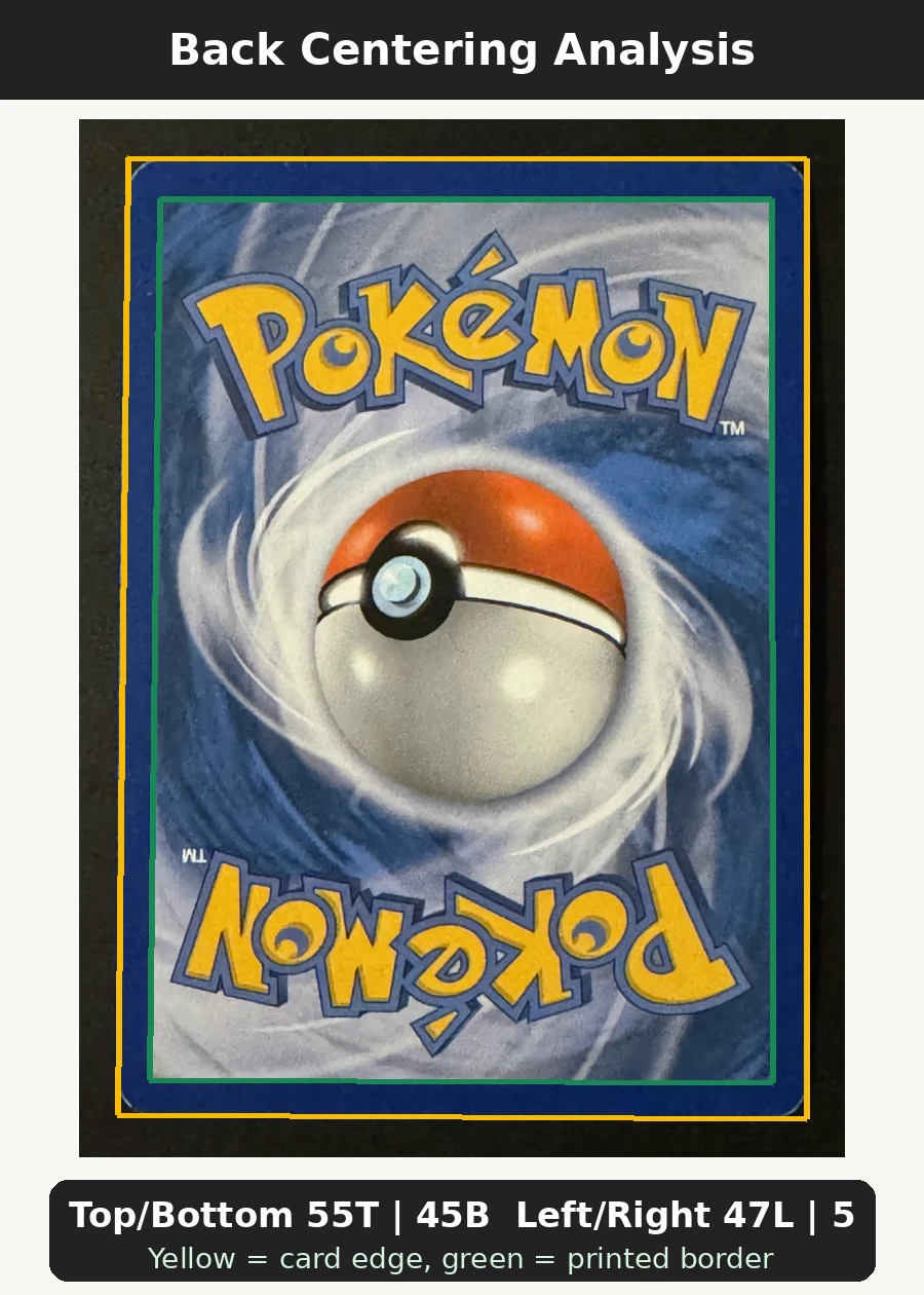 Eevee 056/95 (Normal) Call of Legends back centering analysis showing Top/Bottom 55T | 45B and Left/Right 47L | 53R.