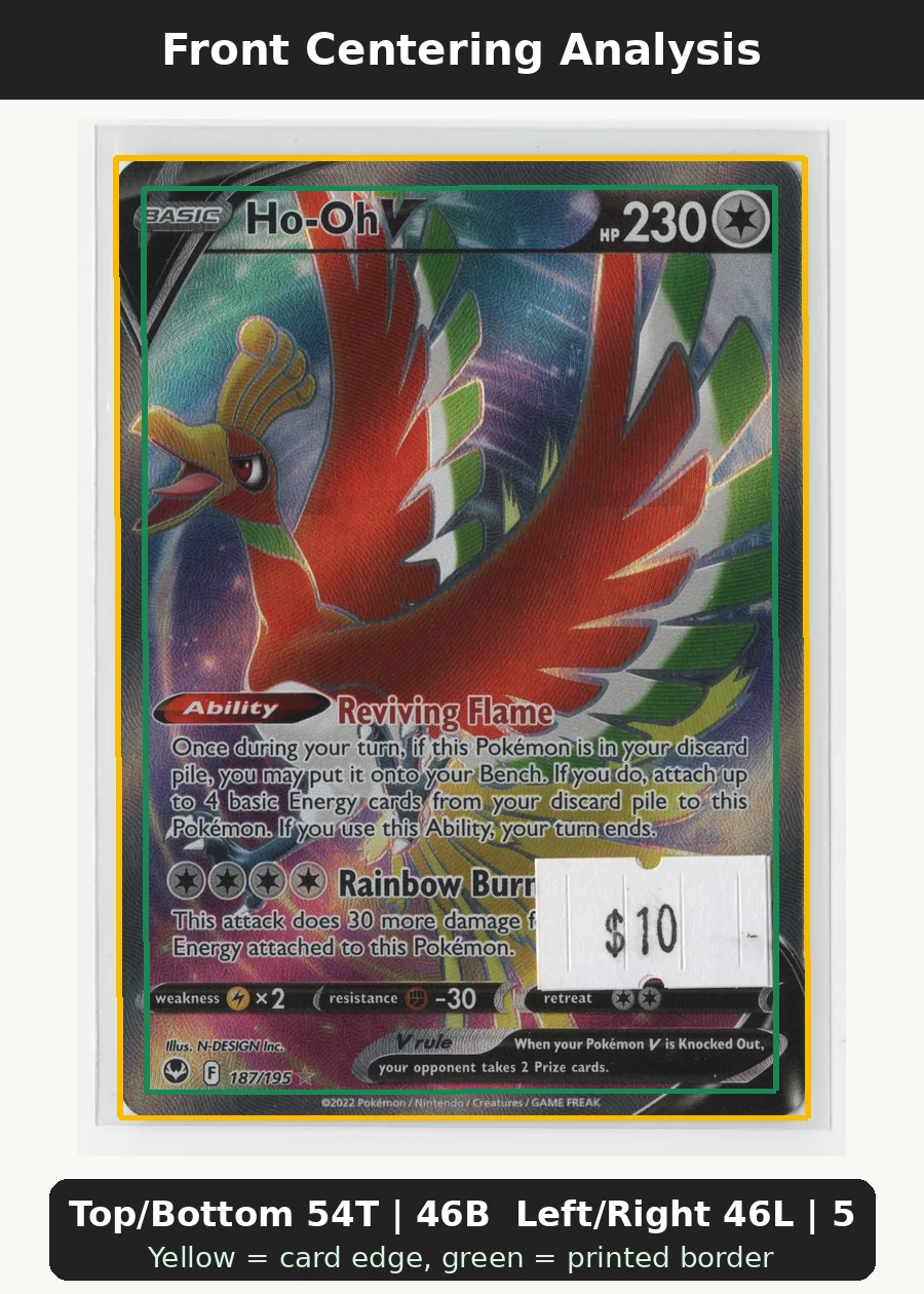 Ho-Oh V 187/195 Silver Tempest front centering analysis showing Top/Bottom 54T | 46B and Left/Right 46L | 54R.