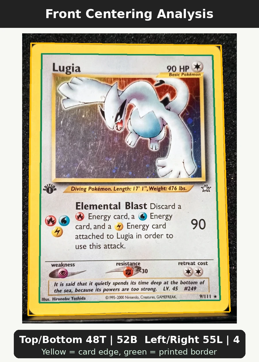 Lugia 009/111 Neo Genesis front centering analysis showing Top/Bottom 48T | 52B and Left/Right 55L | 45R.