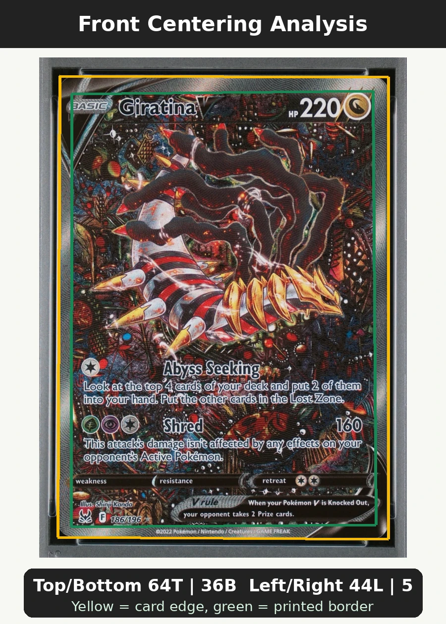 Giratina V 186/196 Lost Origin front centering analysis showing Top/Bottom 64T | 36B and Left/Right 44L | 56R.