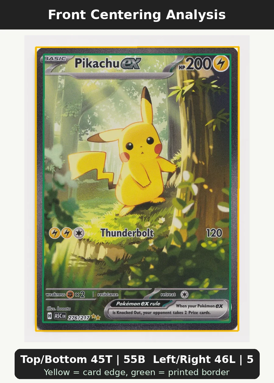 Pikachu ex 276/217 Ascended Heroes front centering analysis showing Top/Bottom 45T | 55B and Left/Right 46L | 54R.