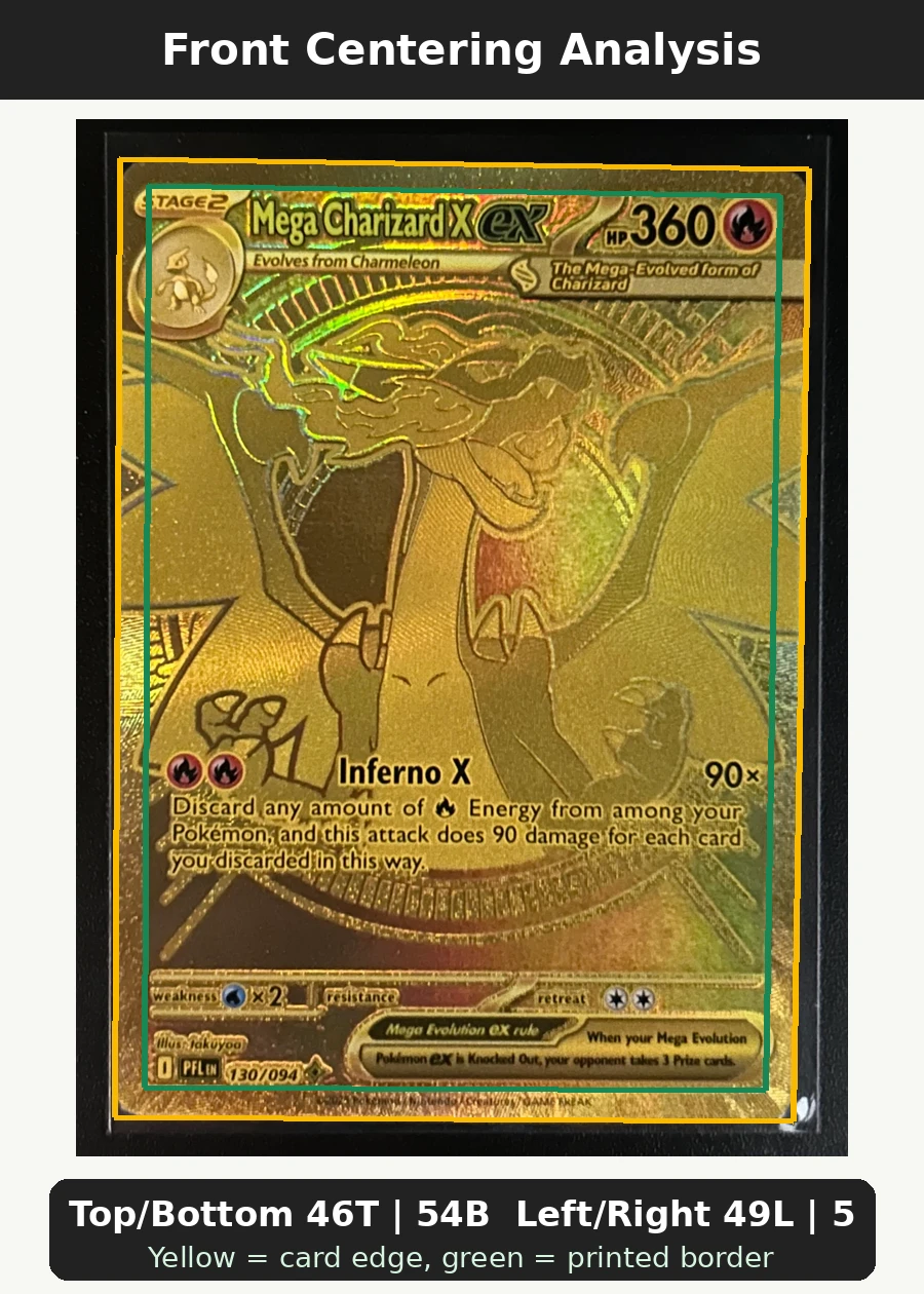 Mega Charizard X ex 130/94 Phantasmal Flames front centering analysis showing Top/Bottom 46T | 54B and Left/Right 49L | 51R.