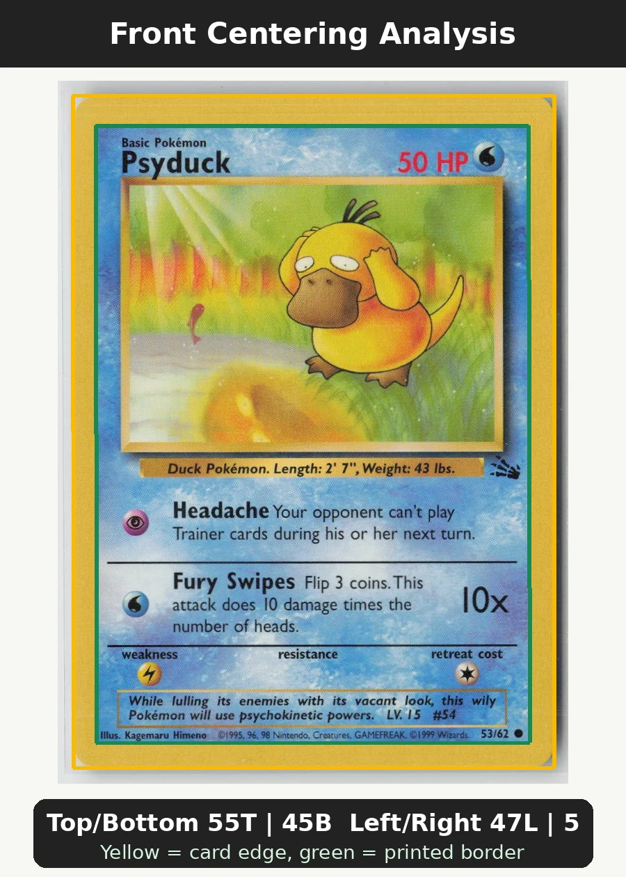 Psyduck 053/62 · Normal Fossil front centering analysis showing Top/Bottom 55T | 45B and Left/Right 47L | 53R.