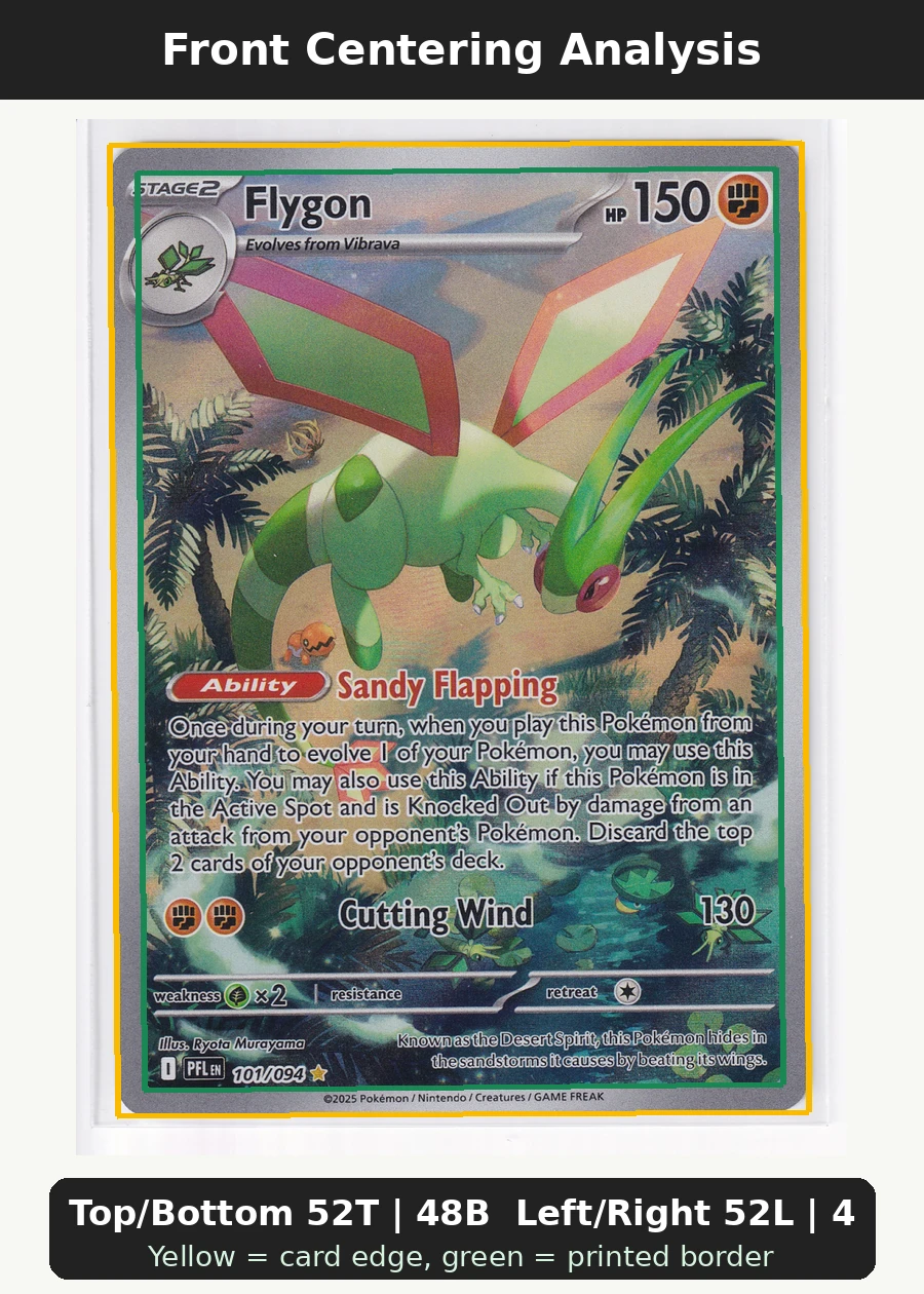Flygon 101/94 Phantasmal Flames front centering analysis showing Top/Bottom 52T | 48B and Left/Right 52L | 48R.