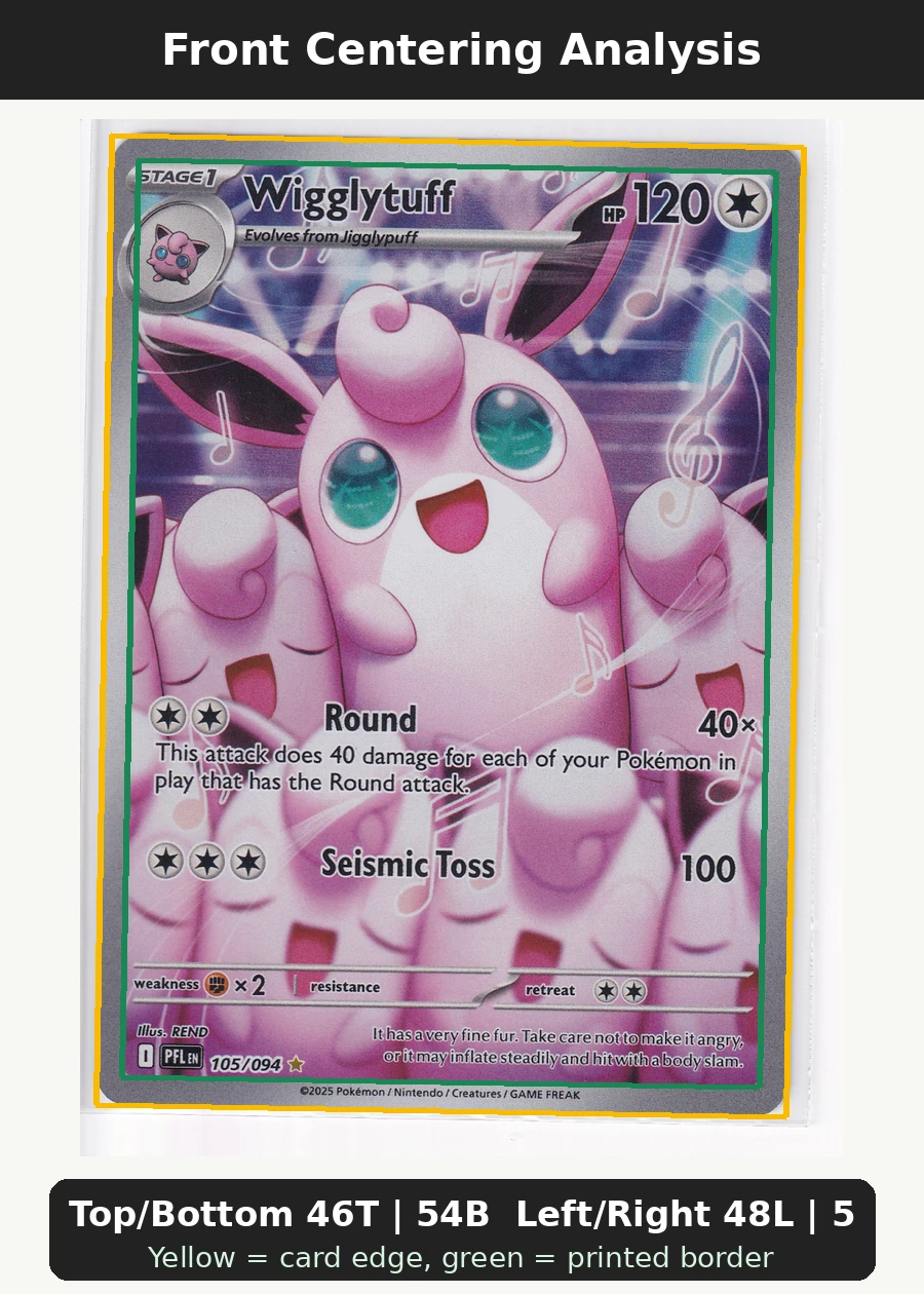 Wigglytuff 105/94 Phantasmal Flames front centering analysis showing Top/Bottom 46T | 54B and Left/Right 48L | 52R.