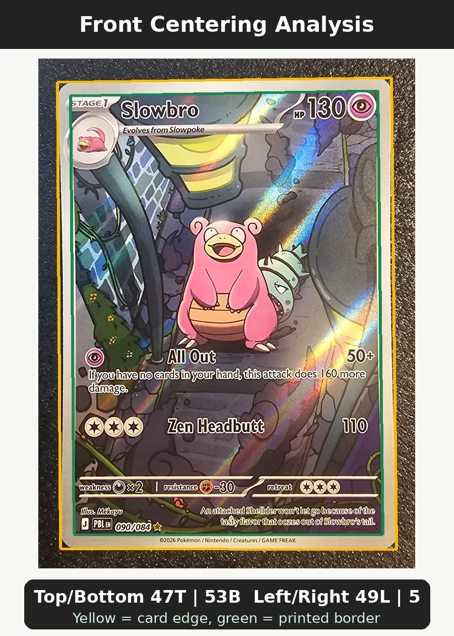 Slowbro 090/84 Pitch Black front centering analysis showing Top/Bottom 47T | 53B and Left/Right 49L | 51R.