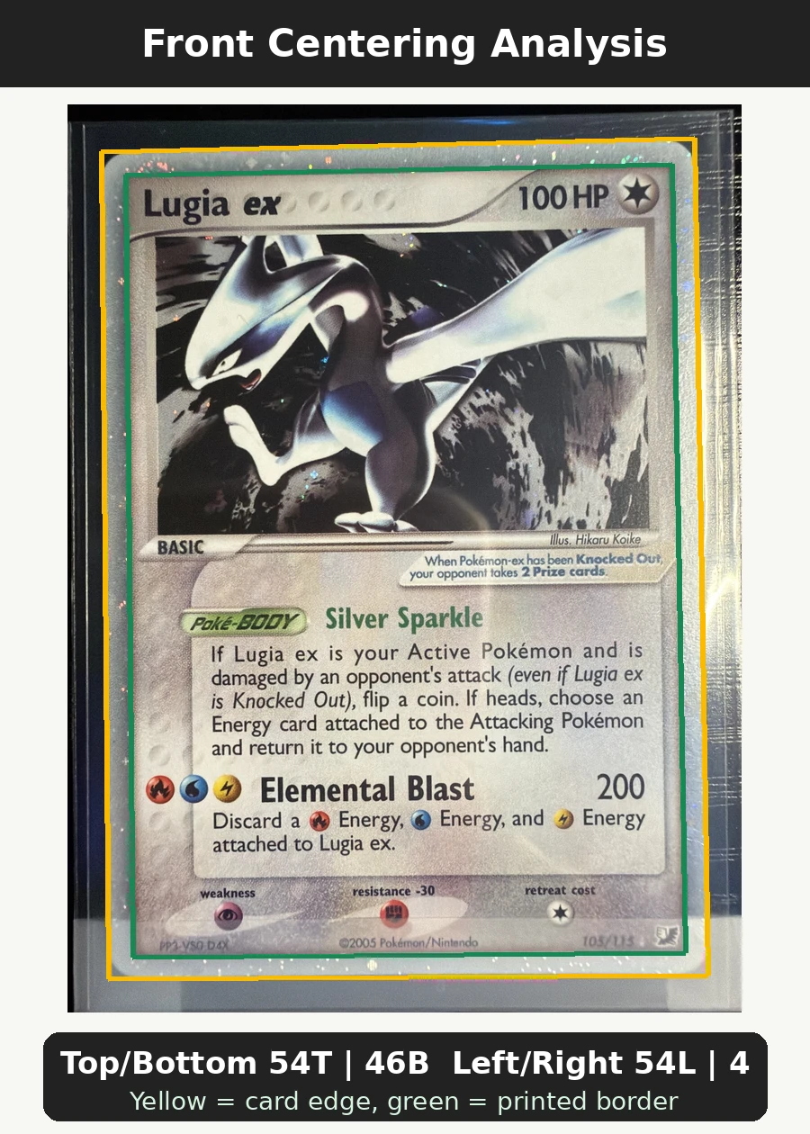 Lugia ex 105/115 Unseen Forces front centering analysis showing Top/Bottom 54T | 46B and Left/Right 54L | 46R.