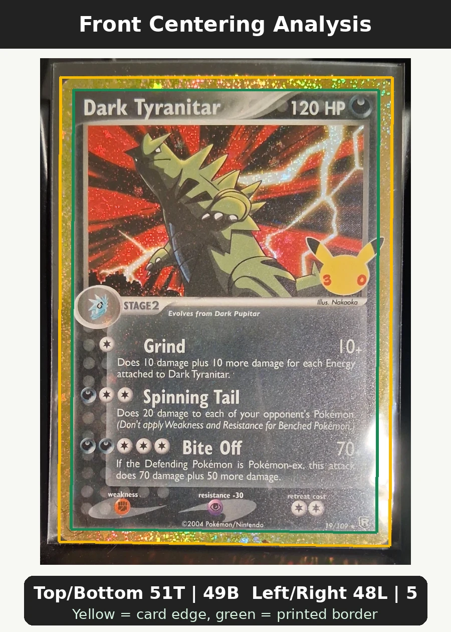 Dark Tyranitar 019 30th Classic Collection front centering analysis showing Top/Bottom 51T | 49B and Left/Right 48L | 52R.