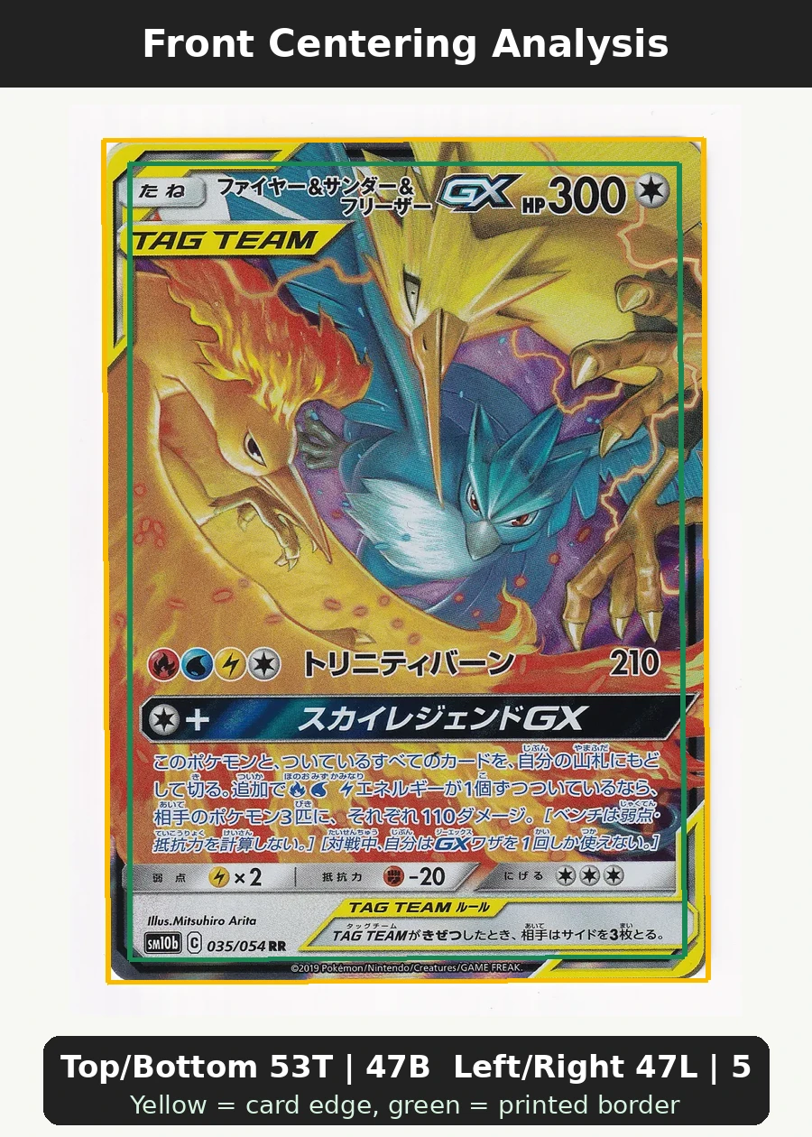 Moltres & Zapdos & Articuno GX 044/68 Hidden Fates front centering analysis showing Top/Bottom 53T | 47B and Left/Right 47L | 53R.