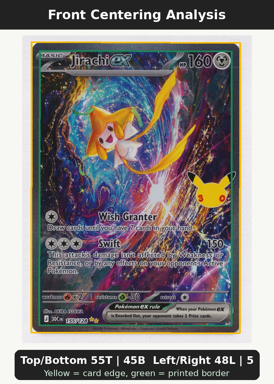 Jirachi ex 155/128 30th Celebration front centering analysis showing Top/Bottom 55T | 45B and Left/Right 48L | 52R.