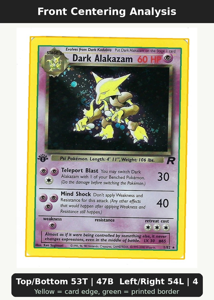 Dark Alakazam 001/82 Team Rocket front centering analysis showing Top/Bottom 53T | 47B and Left/Right 54L | 46R.