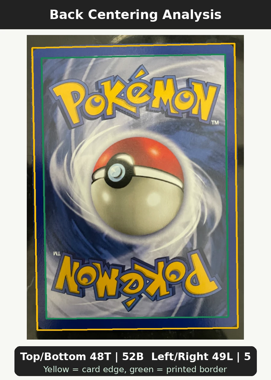 Snorlax 011/64 Jungle back centering analysis showing Top/Bottom 48T | 52B and Left/Right 49L | 51R.
