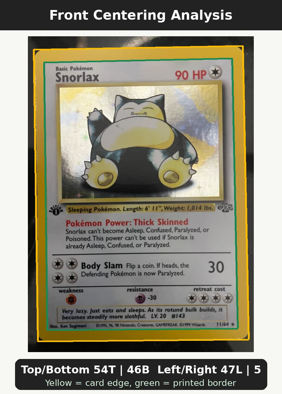 Snorlax 011/64 Jungle front centering analysis showing Top/Bottom 54T | 46B and Left/Right 47L | 53R.