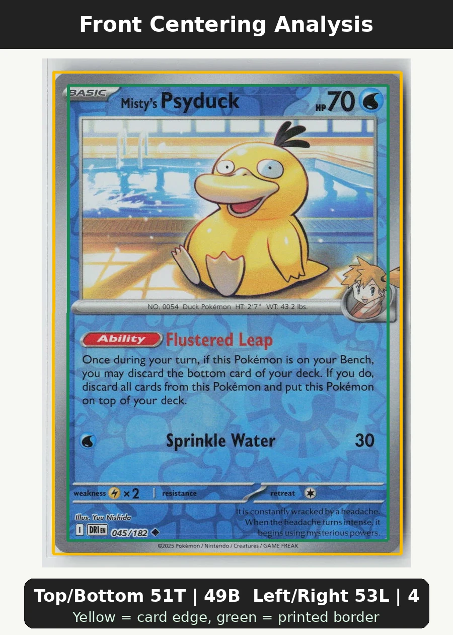 Misty's Psyduck 045/182 · Reverse Holo Destined Rivals front centering analysis showing Top/Bottom 51T | 49B and Left/Right 53L | 47R.