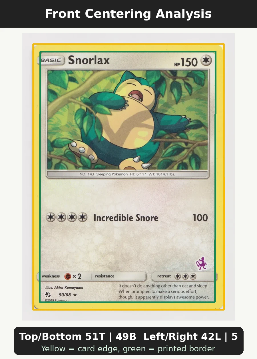 Snorlax 050 Battle Academy front centering analysis showing Top/Bottom 51T | 49B and Left/Right 42L | 58R.