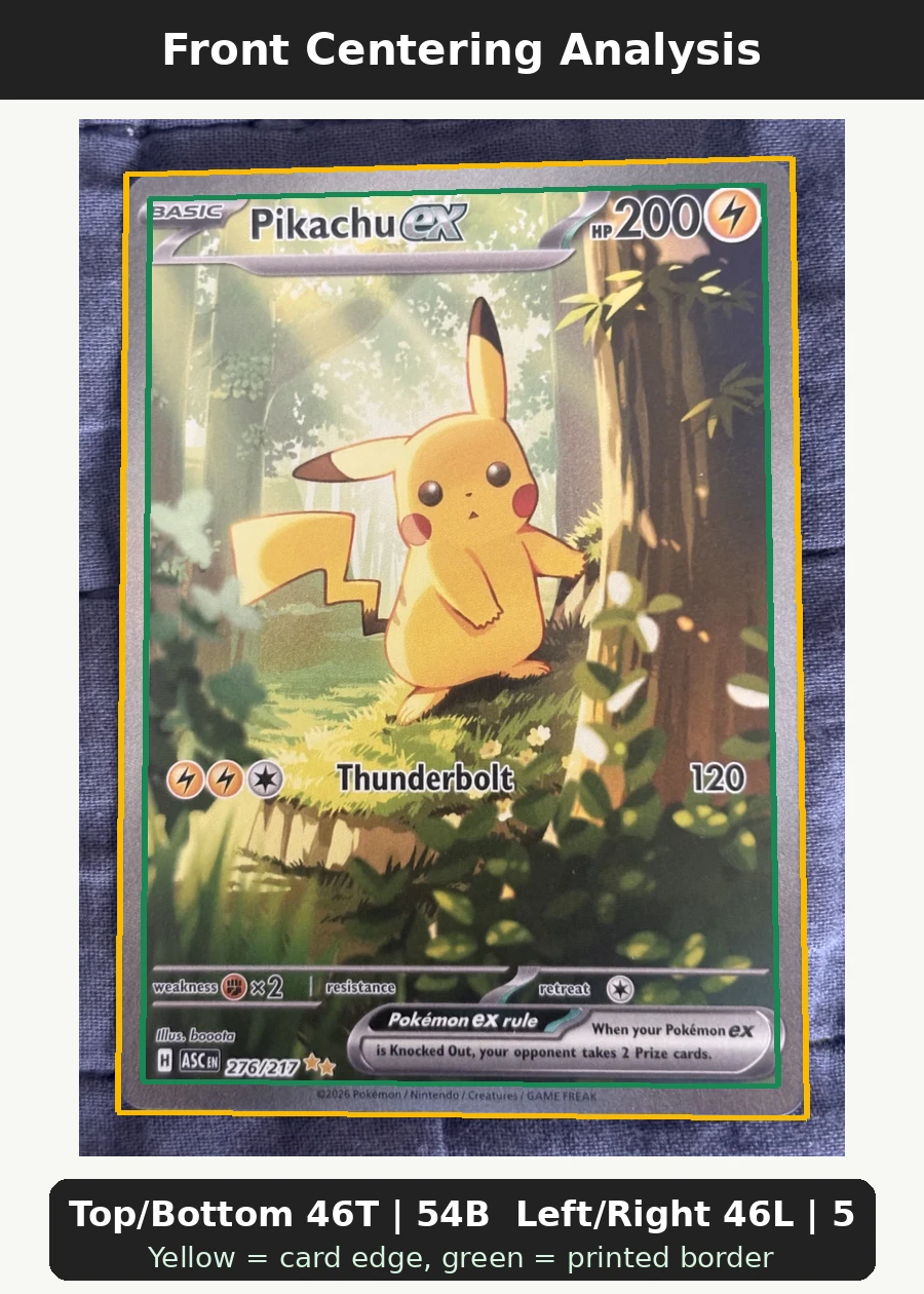 Pikachu ex 276/217 Ascended Heroes front centering analysis showing Top/Bottom 46T | 54B and Left/Right 46L | 54R.