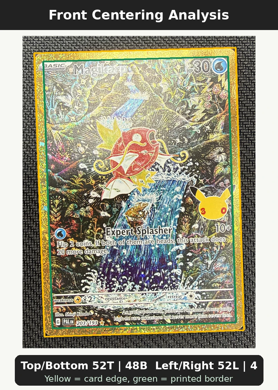 Magikarp 203 30th Classic Collection front centering analysis showing Top/Bottom 52T | 48B and Left/Right 52L | 48R.