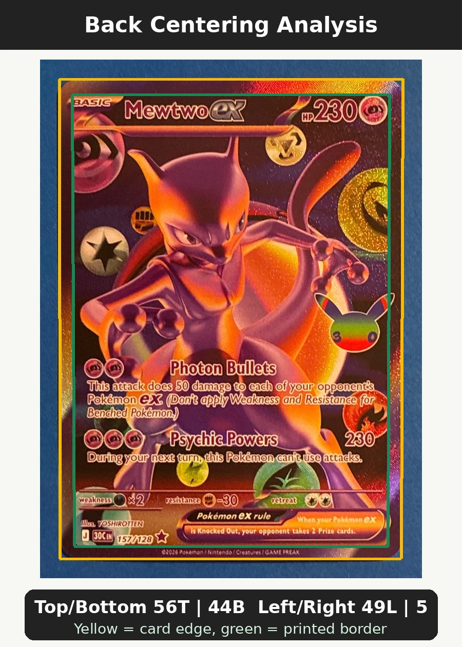 Mewtwo ex 157/128 30th Celebration back centering analysis showing Top/Bottom 56T | 44B and Left/Right 49L | 51R.