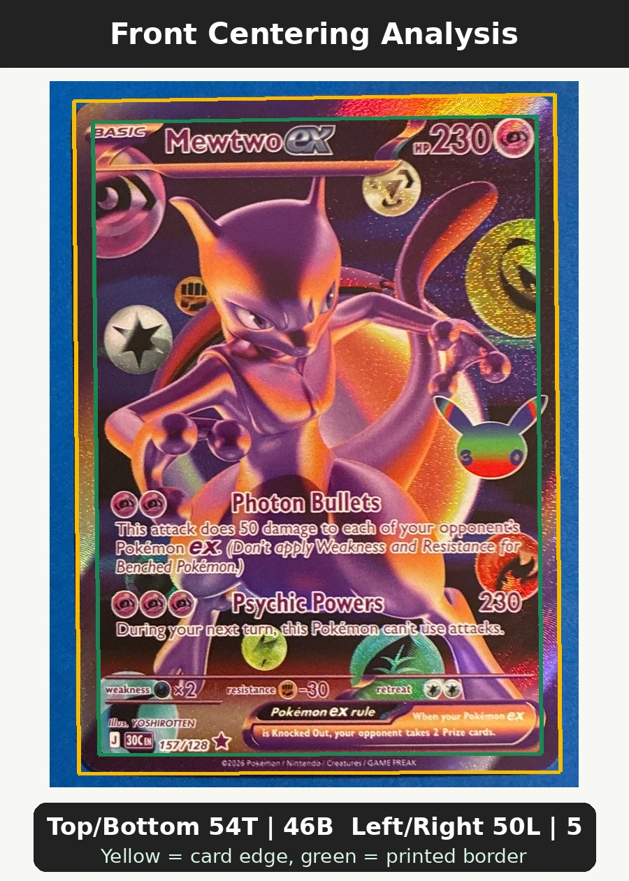 Mewtwo ex 157/128 30th Celebration front centering analysis showing Top/Bottom 54T | 46B and Left/Right 50L | 50R.