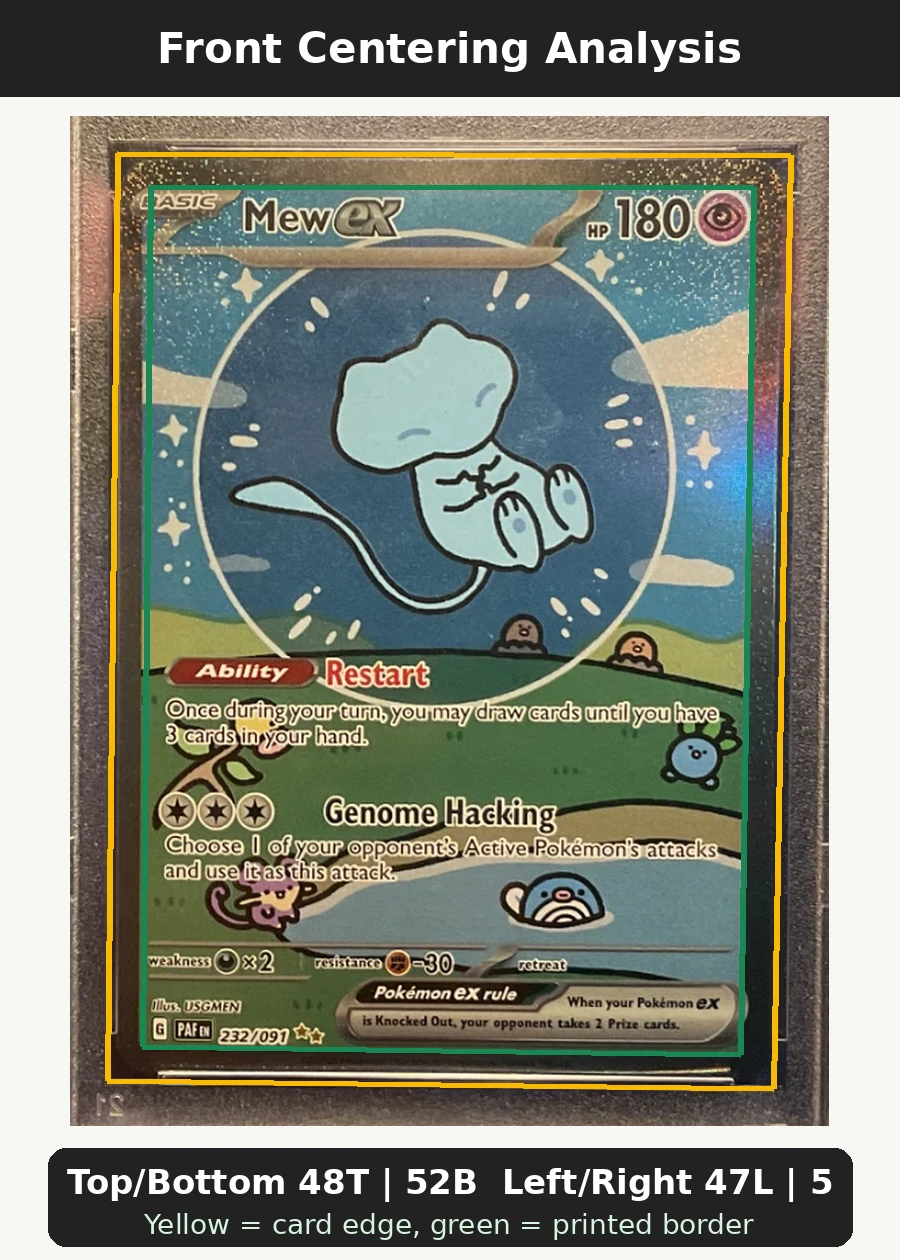 Mew ex 232/91 Paldean Fates front centering analysis showing Top/Bottom 48T | 52B and Left/Right 47L | 53R.