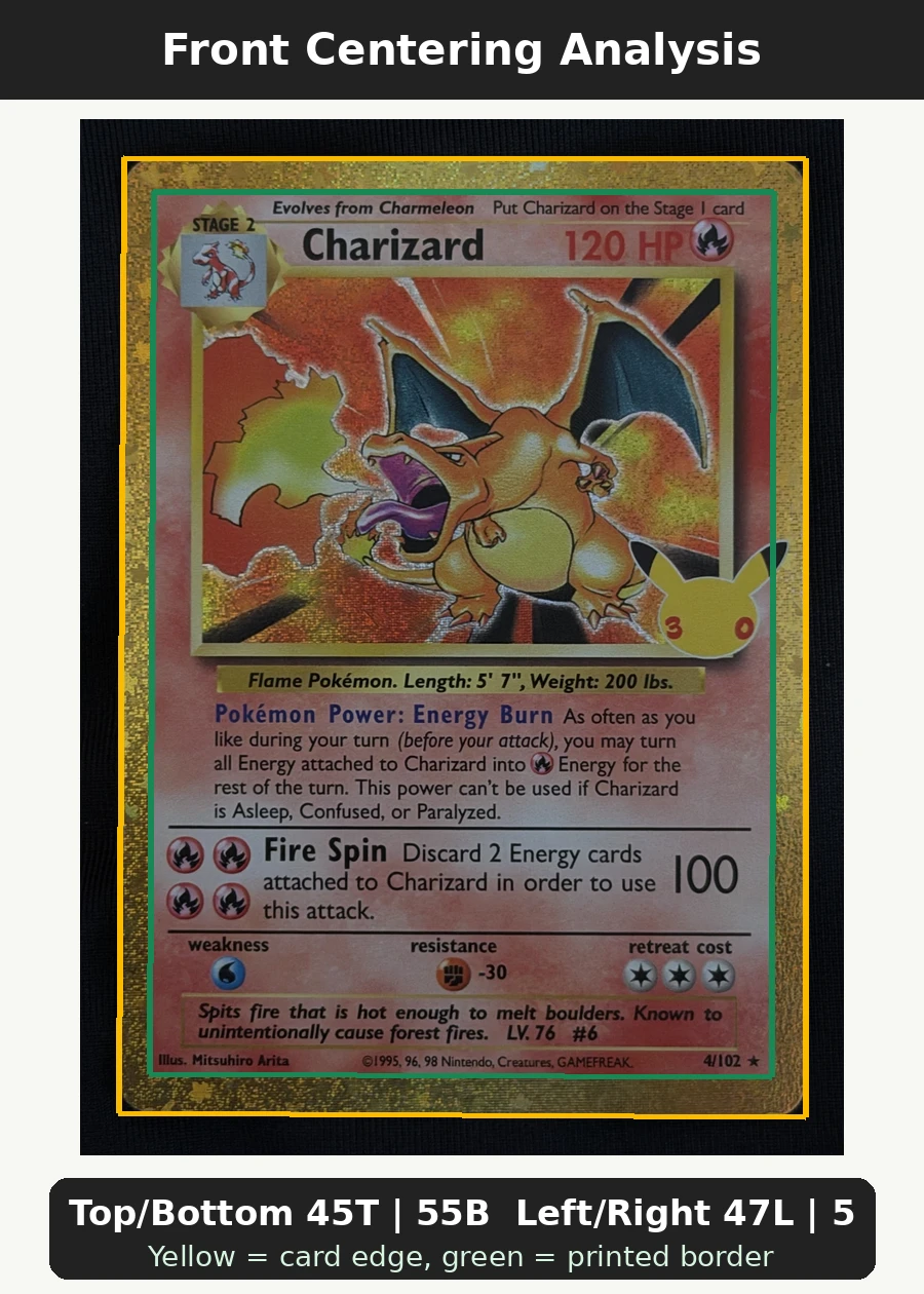 Charizard 004 30th Classic Collection front centering analysis showing Top/Bottom 45T | 55B and Left/Right 47L | 53R.