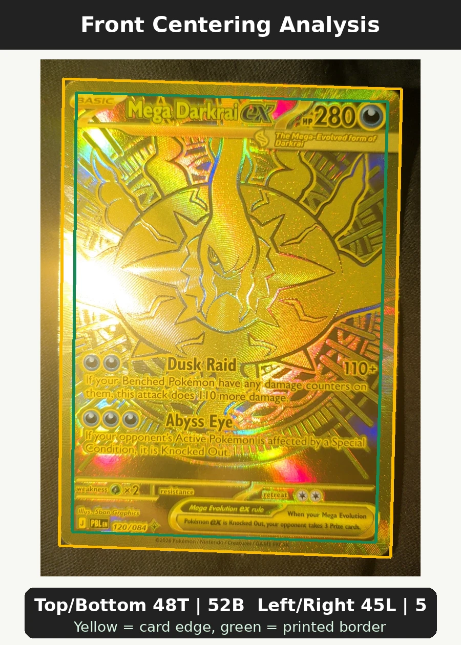 Mega Darkrai ex 120/84 Pitch Black front centering analysis showing Top/Bottom 48T | 52B and Left/Right 45L | 55R.