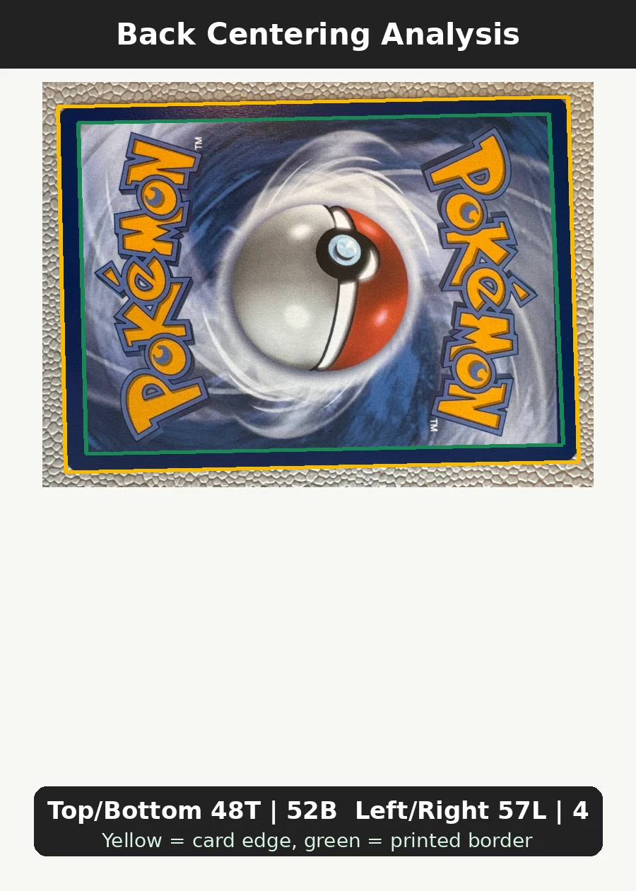 Charmander 038 MEP Black Star Promos back centering analysis showing Top/Bottom 48T | 52B and Left/Right 57L | 43R.