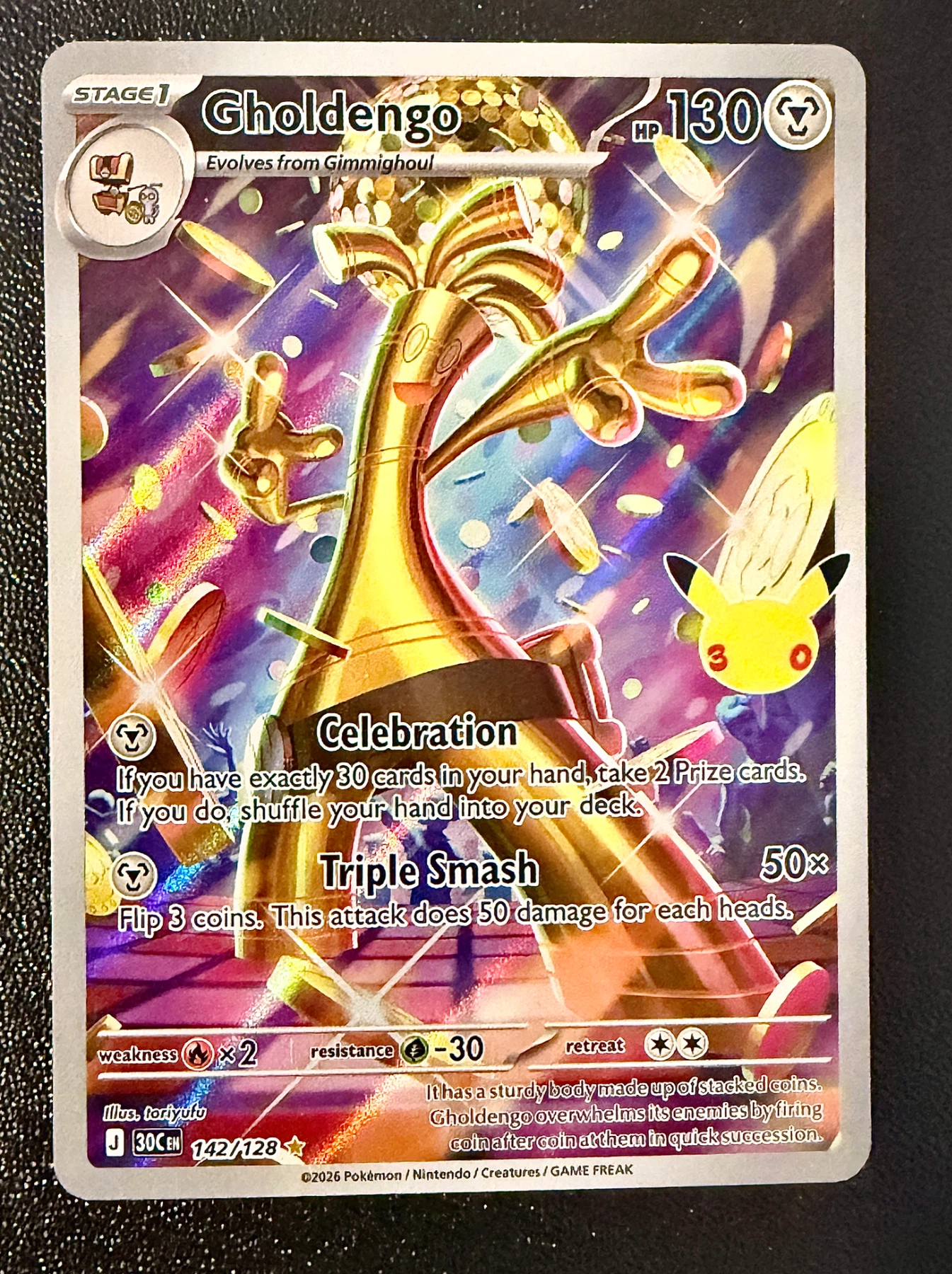 Gholdengo 142/128 30th Celebration front card photo in GradeValue pregrading report