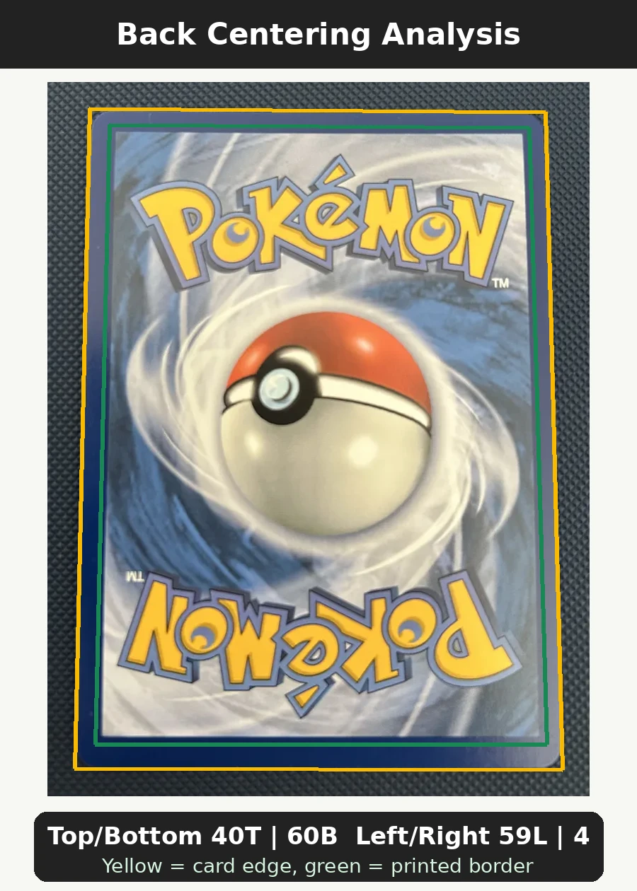 Pikachu ex 277/217 Ascended Heroes back centering analysis showing Top/Bottom 40T | 60B and Left/Right 59L | 41R.