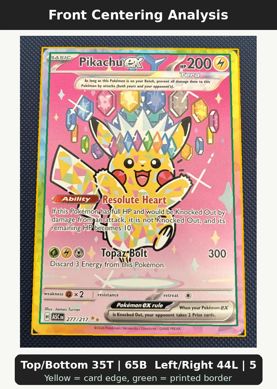 Pikachu ex 277/217 Ascended Heroes front centering analysis showing Top/Bottom 35T | 65B and Left/Right 44L | 56R.