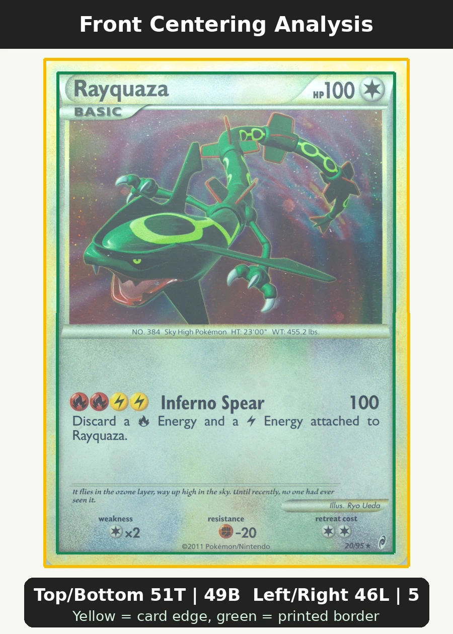 Rayquaza 020/95 Call of Legends front centering analysis showing Top/Bottom 51T | 49B and Left/Right 46L | 54R.