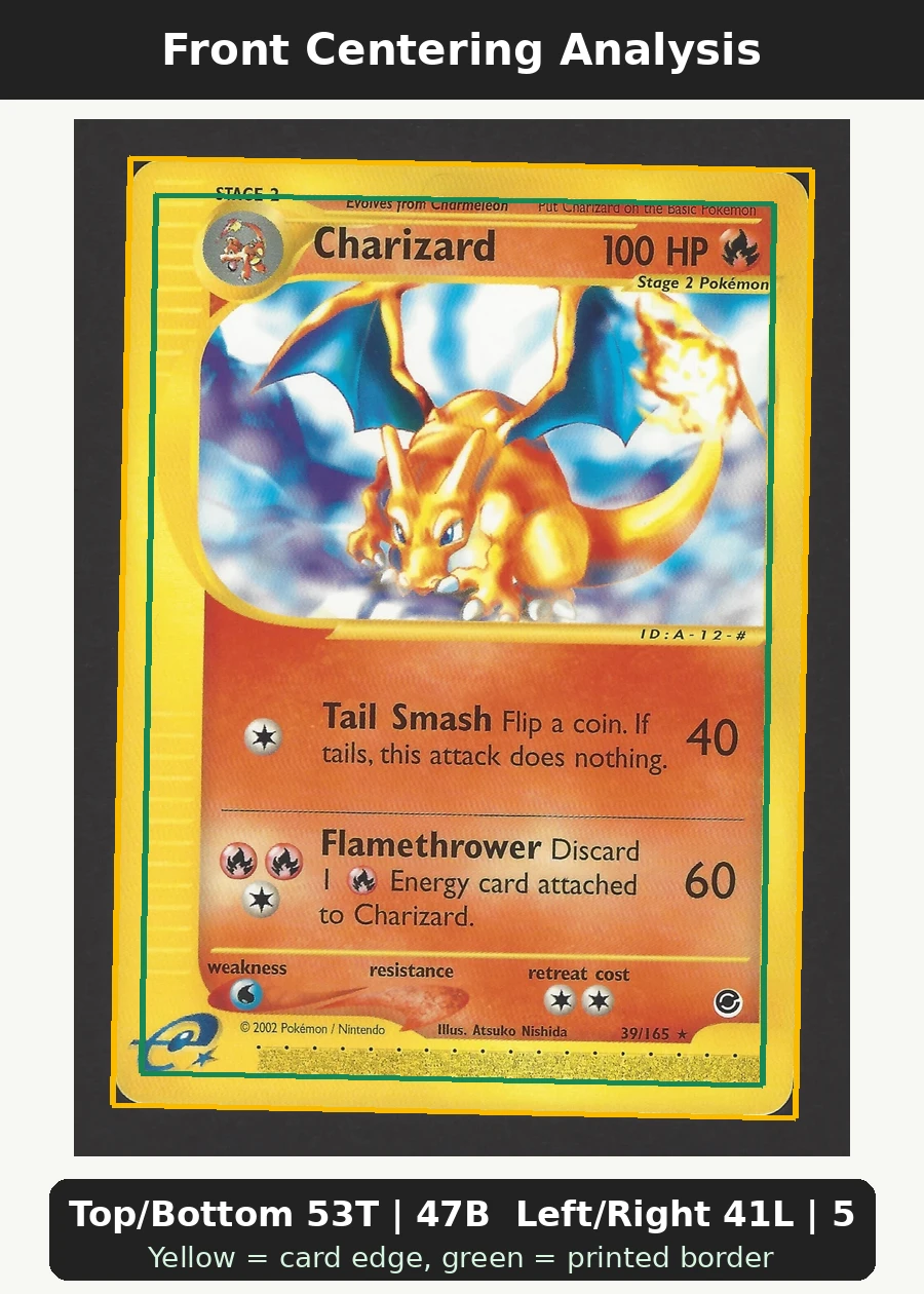 Charizard 039/165 Expedition Base Set front centering analysis showing Top/Bottom 53T | 47B and Left/Right 41L | 59R.