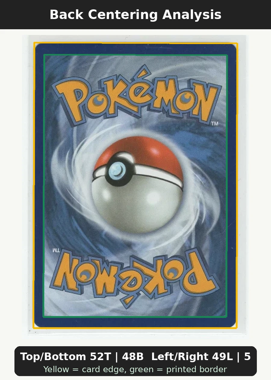 Charmander 038 MEP Black Star Promos back centering analysis showing Top/Bottom 52T | 48B and Left/Right 49L | 51R.