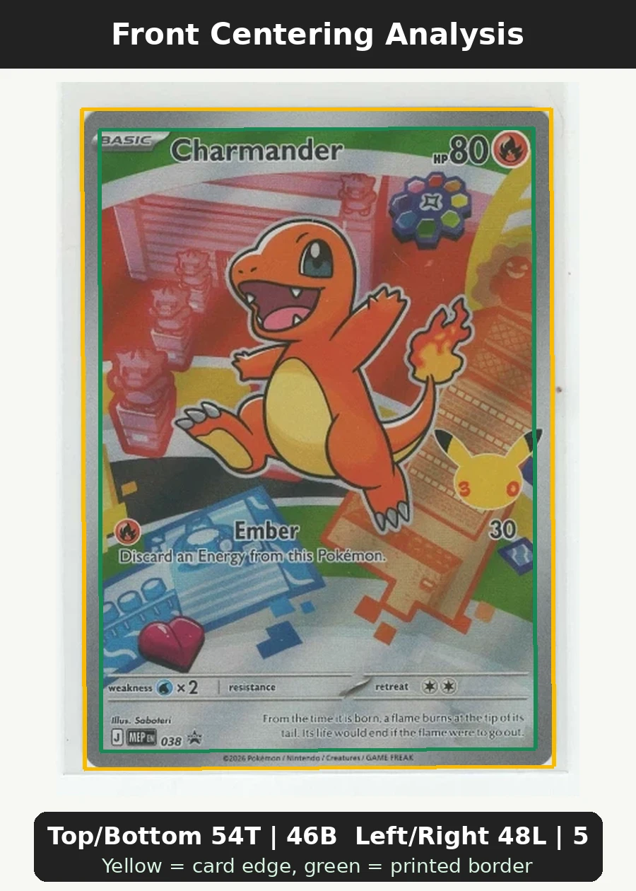 Charmander 038 MEP Black Star Promos front centering analysis showing Top/Bottom 54T | 46B and Left/Right 48L | 52R.