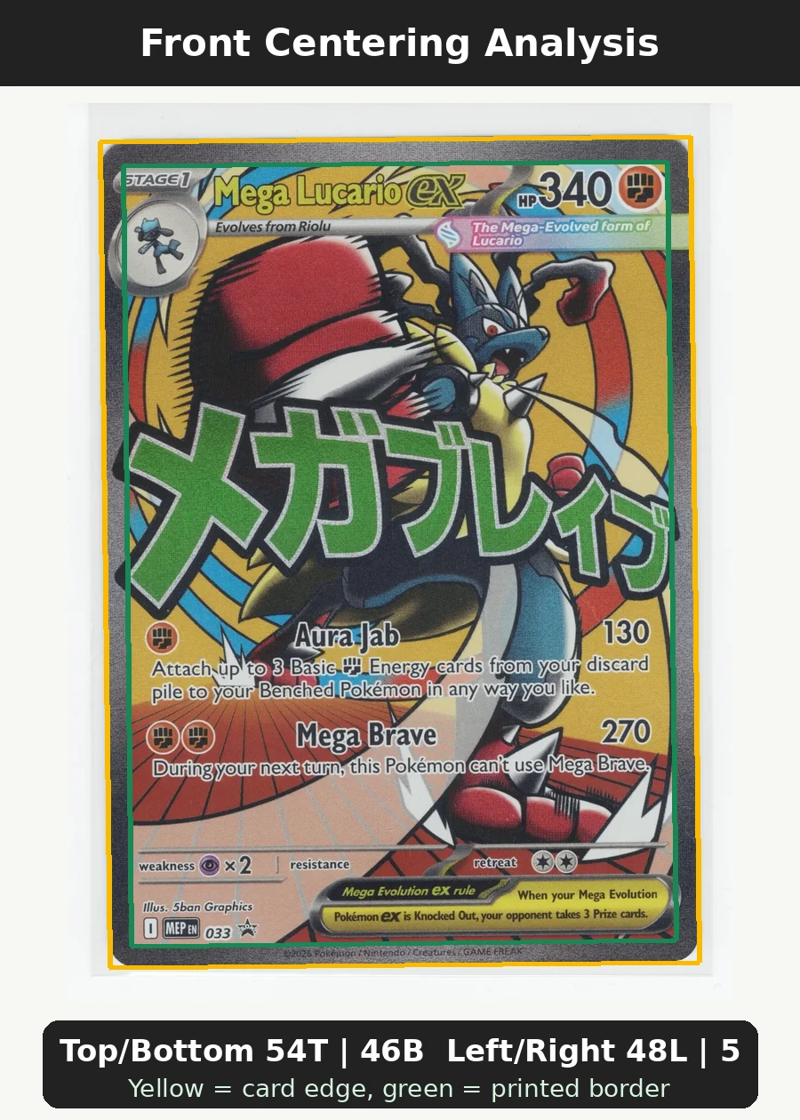 Mega Lucario ex 113/217 Ascended Heroes front centering analysis showing Top/Bottom 54T | 46B and Left/Right 48L | 52R.