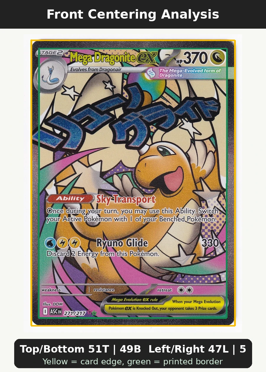 Mega Dragonite ex 271/217 Ascended Heroes front centering analysis showing Top/Bottom 51T | 49B and Left/Right 47L | 53R.