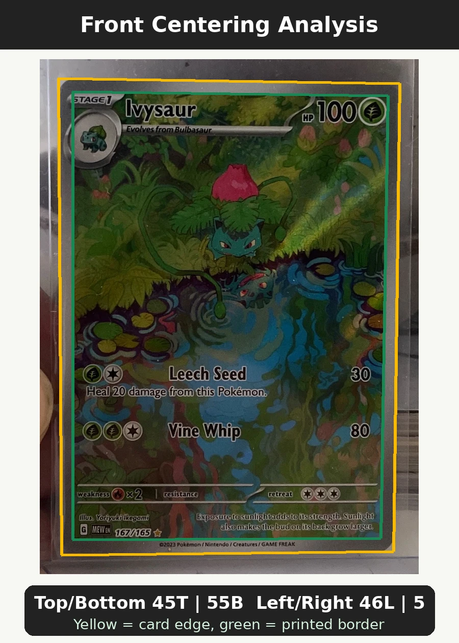 Ivysaur 167/165 151 front centering analysis showing Top/Bottom 45T | 55B and Left/Right 46L | 54R.